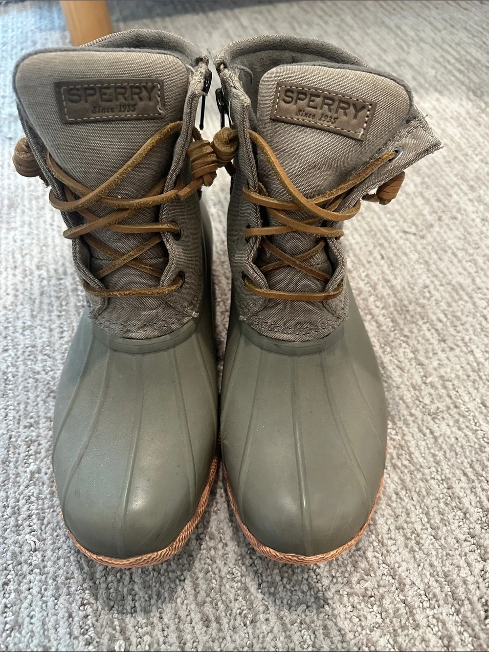 Sperry Olive Green and Brown Lace-Up Duck Boots